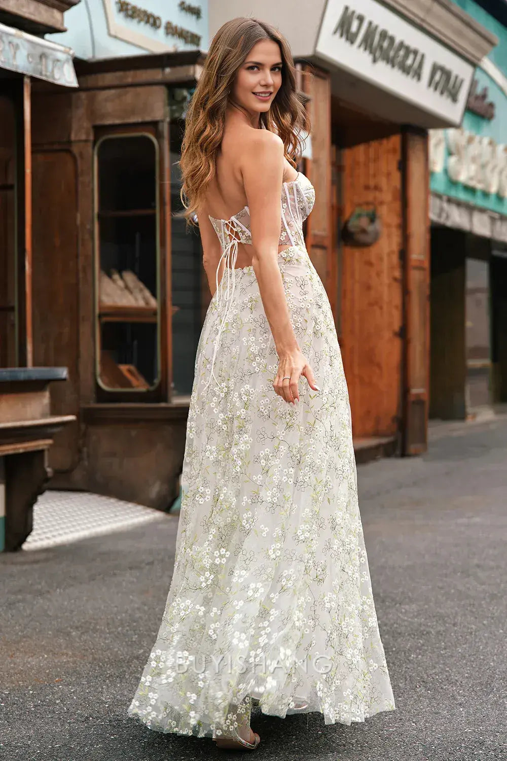 Elegant Strapless Floral Embroidered High Slit Lace-Up Back Tulle Ball Gown Maxi Dress Prom Dress
